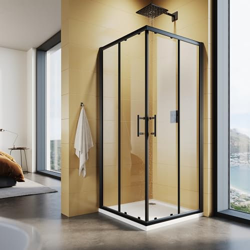 SUNXURY Cabina de ducha de 76 x 76 x 195 cm, entrada esquinera con puertas correderas dobles, marco negro, 5 mm, cristal de seguridad (ESG) transparente, montaje en plato de ducha o azulejo