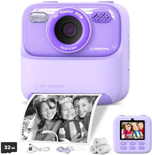 Sofortbildkamera Kinder, Digitalkamera für Mädchen Jungen, 1080P Kinderkamera Sofortbildkamera, Spielzeug | Geschenke für Kinder Alter 3-14 Jahre, mit 3Rollen Druck Fotopapier & 32GB Karte, Lila