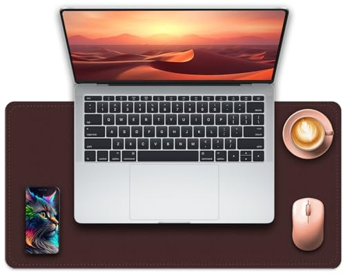 Non-Slip Desk Mat, 60 x 35 cm Large Mouse Mat with Leather and Non-Slip Suede, Waterproof Laptop Table Mat, Table Protector Pad for Office/Home/Decoration (Brown Coffee)