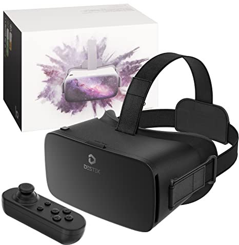 DESTEK V5 VR Casque pour Téléphone avec Manette, 110°FOV HD Anti-Lumière Bleue Lunettes de Réalité, Lunettes de réalité virtuelle VR pour iPhone 15/14/13/12/11, Samsung, Android - Noir