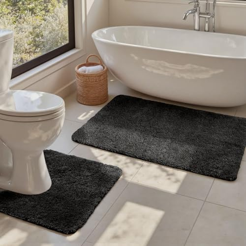 Tuocal 2 Piece Bath Mat Set, Microfiber Thickened Bathtub Rug & Toilet Pedestal Carpet, Non Slip Super Absorbent Ultra Soft Washable Bath Rug, 50x80cm+50x40cm