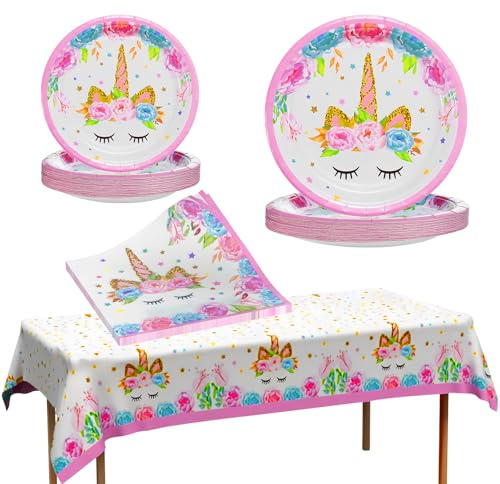 Enhörningspapperstallrikar och servetter 49 st enhörning födelsedagsdekorationer för flickor enhörning servis med 1 bordsduk festtillbehör för barn baby shower födelsedag dekor rosa