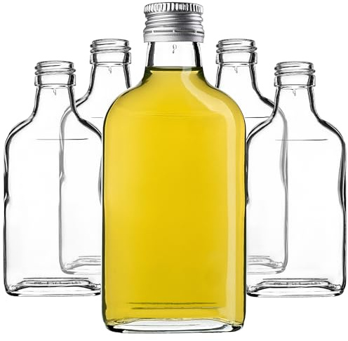 KADAX Flachmann 200ml, 50 pezzi, piccole bottiglie di vetro con tappo a vite, flaconcini, bottiglie vuote da riempire, mini bottiglie per liquori, bottiglie per grappa (Argento)