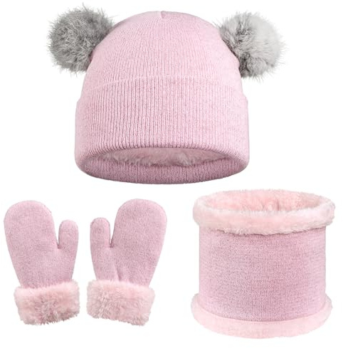 Yaopelky Juego de gorro, bufanda y guantes para niños, gorro de punto cálido con pompones, guantes calentadores de cuello, accesorios de invierno para niños y niñas de 3 a 7 años
