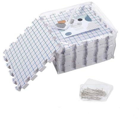 NEWFUN Spannmatten för Stickning, 9ST Blockingmatta, 30 x 30 CM, 100 T-Nålar, Väska för Förvaring med Rutnät, för Handarbeten eller Virkning, Spets