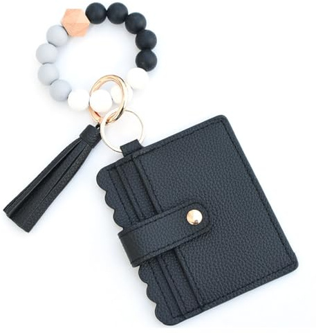 Floruvia Llavero Monedero de Mujer con Pulsera, Pequeño Porta Tarjetas de Crédito, Anillo de Llaves con Borla de Perlas, Mini Cartera Portátil para Tarjetas y Monedas