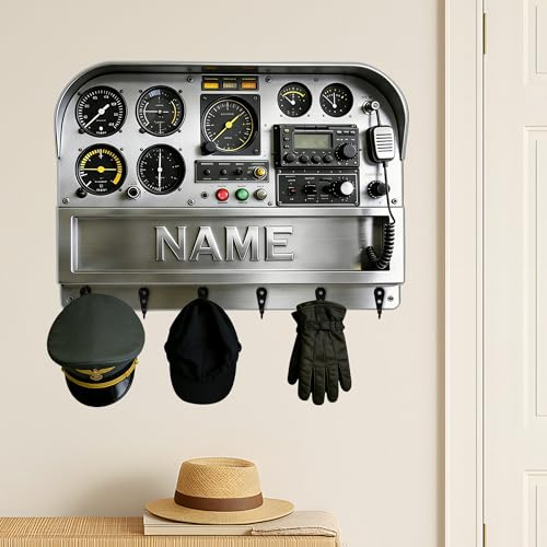 HCLRIU Porte-clés Mural Personnalisé avec Nom, Porte-clés Mural Thème Tableau de Bord D'Avion Personnalisé, Imprimé 2D en Acrylique, Cadeau Déco pour Pilotes, Passionnés D'Aviation