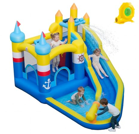 COSTWAY Castello Gonfiabile per Bambini, Casa Gonfiabile con Soffiatore 750W, Piscina Splash, Area di Rimbalzo, Scivolo Lungo e Parete d'Arrampicata, per Bambini 3-12 Anni (Con Soffiatore)