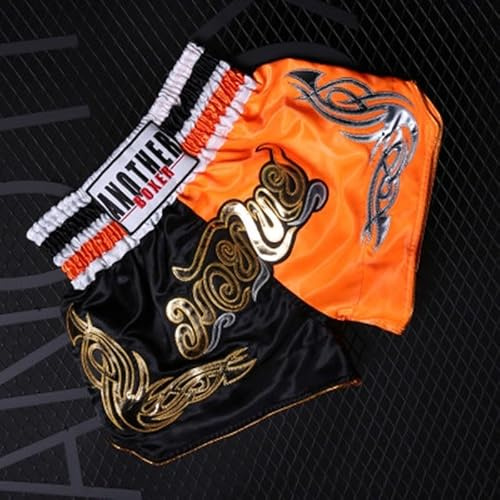 Short de Muay Thai avec motif imprimé pour enfants et adultes, taille élastique, pantalon de kickboxing pour entraînement MMA et activités de fitness (L orange + noir)