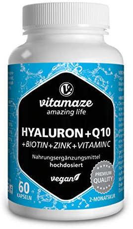 Hyaluronsäure hochdosiert 200 mg + Coenzym Q10 100 mg pro vegane Kapsel, 2 Monatskur, hohe Bioverfügbarkeit, niedermolekular: 500-700 kDa, Nahrungsergänzung ohne unnötige Zusätze