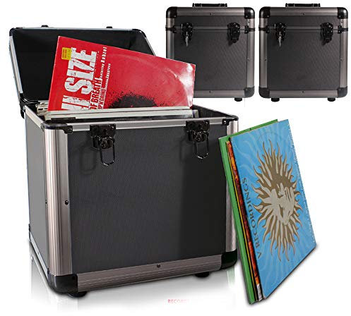 Power Dynamics RC100 Vinyl Record Storage Cases Set of 3, Stackable DJ Flight Case Boxes, Holds 300 LPs, Foam-Lined, Lockable, Titanium Grey Finish