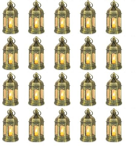 Romadedi Laterne Gold Hochzeit Tischdeko - 20er Set Mini Laterne zum Aufhängen, mit LED Kerzen für Party Deko, Weihnachten, Ramadan, Garten, Balkon, Outdoor, Orientalische