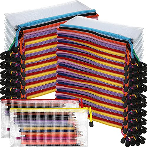 Harloon 150 Pack Pencil Pouch Bulk Gifts Back to School Mesh Zipper Pencil Cases 9.5 x 4.5 Inch Small Clear Holder Storage Multipurpose Cosmetics Toiletry Bags for Office Bill Travel(10 Colors)