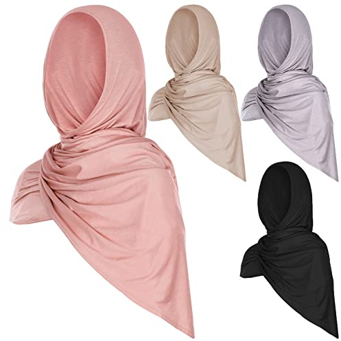 Vabean 4 Pcs Instant Hijab for Women Jersey Hijabs Pinless Ramadan Islamic Muslim Head Wraps Premium Head Scarf Shawl turban(Black, Dusty Rose, Vanilla, Gray)