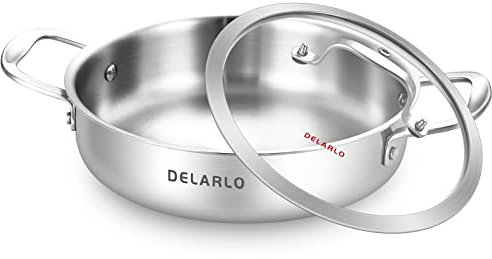 DELARLO Tri-Ply Stainless Steel 10 Inch Frying Pan 3QT Saute Pan With Lid Kitchen Skillets Induction Compatible Chef Cooking Pan Dishwasher & Oven Safe, Silver