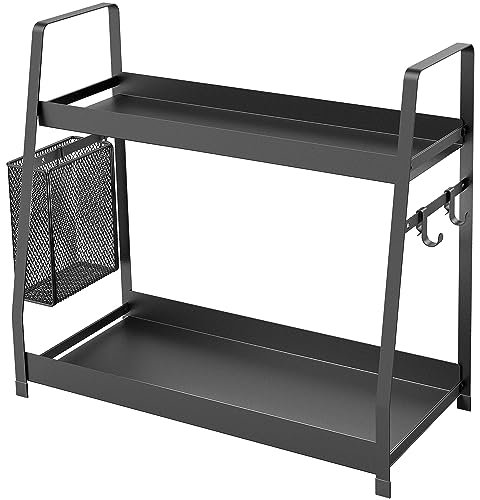 OROPY 2 Tier Spice Rack for Countertop, Metal Standing Kitchen Storage Organizer Shelf, Vertical Seasoning Jars Rack, Black