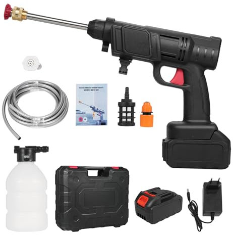 Mulcort Pistola de Alta Presión Portátil, Hidrolimpiadora Bateria de 21 V, Presión Máxima de Agua 350 PSI, con 2 Baterías de 3000mAh y 5m Manguera, Lavadora a Presión Inalámbrica para Plantas y Coches