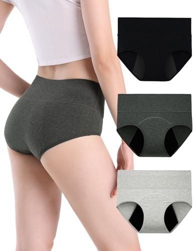 INNERSY Period Pants Women High Waisted Leakproof Underwear Cotton Menstrual Knickers Pack of 3 (12, Charcoal Grey/Pale Grey/Black)