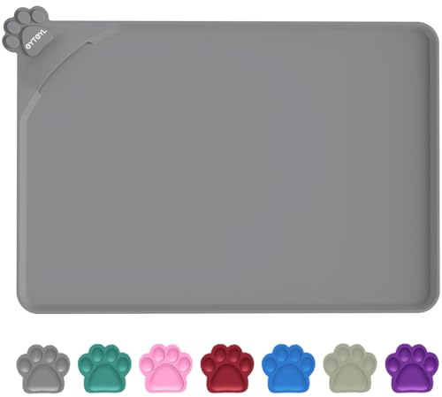 Waterproof Dog Feeding Mats with High Lips 55 x 38cm, Silicone Pet Mat, Non-Slip Dog Cat Food Water Mat for Floor Protection, Spill-Proof(GREY)