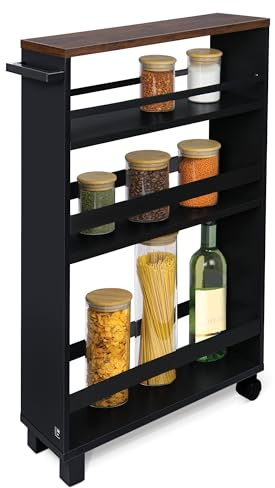 bomoe Storage Cart Kitchen Trolley with 2 Wheels 2 Feet FSC® Worktop | 50x79x15cm Black Brown Narrow Utility 3 Shelves Under Desk for Bathroom Office niche shelf compartments slim Hylla