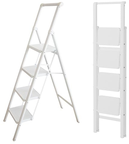 UABA Escalera Plegable Acero, 4 Peldaños, Blanca, Peldaños Anchos, EN 131