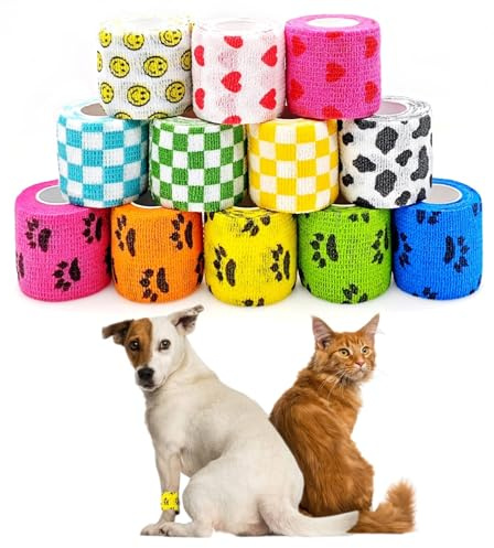 JZK 12 Rolls cohesive Vet wrap 5cm x 4.5m, Stretchy self Adhesive Bandage for pet and Human, Elastic cat Dog Bandage Tape for Leg, Foot, Paws, Assorted Colors