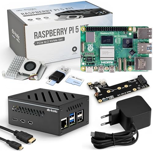 db-tronic Raspberry Pi 5 4GB NVMe Set | Edition 64GB | Strömförsörjning 27W | Metallhölje | Active Cooler | M.2 NVMe SSD PCIe Board | Perfekt för Home Assistant, Smart Home & Retro Gaming