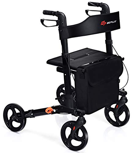 GYMAX Folding Rollator Walker with Seat, Dual Brakes, Detachable Storage Bag, Cane Holder, Adjustable Height 4 Wheel Walkers, Lightweight Aluminium Walking Mobility Aid for Elderly (Black)