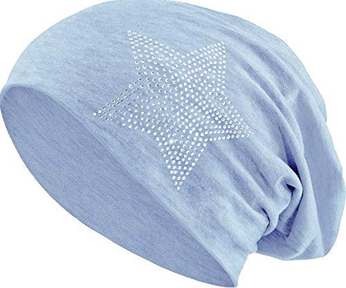 Jersey Baumwolle elastisches Long Slouch Beanie Unisex Herren Damen mit Strass Stern Steinen Mütze Heather in 35 (2) (Heather Light Blue)