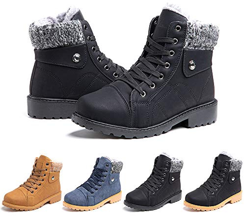 Ladies Ankle Boots Womens Fur Lined Snow Shoes Winter Combat Boot Warm Lace Up Outdoor Plat PU Leather Booties Comfy Fashion 3.5-9 UK Black+Black 39 (6 UK)