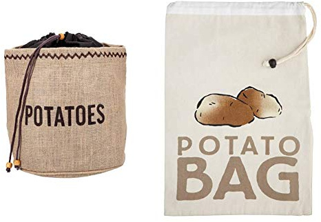 Natural Elements Potato Bag with Blackout Lining, Hessian, Brown, 24 x 24 cm & KitchenCraft Potato Bag, Canvas, Beige, 26 x 38 cm
