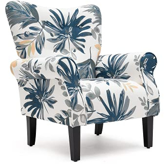 MELLCOM Mid Century Wingback Arm Chair,Modern Upholstered Fabric High Back Accent Chair with Wood Legs,Upholstered Single Sofa Club Chair for Living Room, Bedroom, Home Office, Blue Leaves