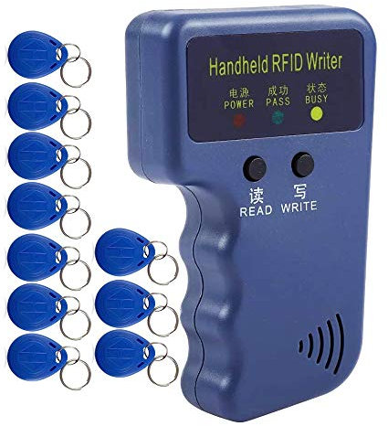 HERNAS-10SCFZQ - Lector RFID de mano (125 kHz, grabador duplicador, clonador de tarjetas de identificación, con 10 etiquetas regrabables, EM4305 T5577), color azul
