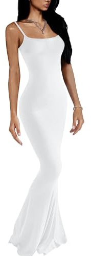 VIUTIL Dam maxi bodycon-klänning sexig spagettirem ärmlös tight slip långa klänningar 2023, Vitt, XL
