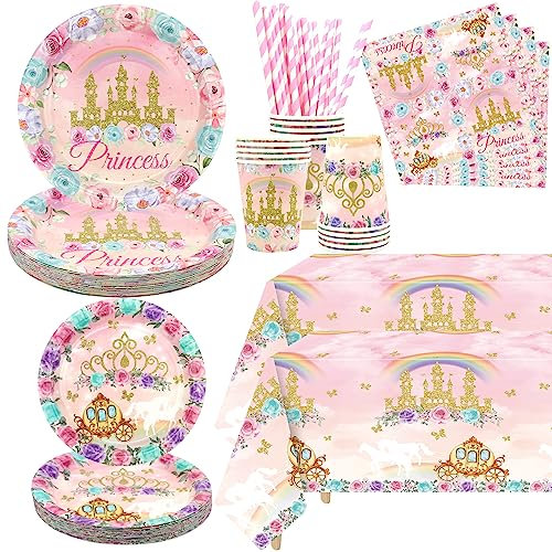 Ywediim Le decorazioni per la festa di compleanno della principessa servono 20 ospiti, inclusi piatti piani, piatti da dessert, tazze, tovaglioli, tovaglie, cannucce, per ragazze
