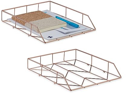 Relaxdays Organiser, 2x Set, File Holder, Storage, Letter Rack, HxWxD: 5.5 x 26 x 31.5, Office, A4, Desk, Rose Gold, Iron, 5.5 x 26 x 31.5 cm