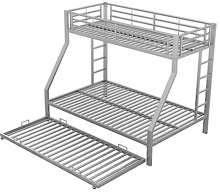 Azkoeesy Litera 140 x 200 cm, con Cama Nido, 2 escaleras, Cama Doble de Metal para 4 Adultos, Adolescentes, Plata