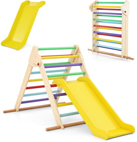 DREAMADE Triangle d'escalade Pliable en Bois, Jouet Enfant Montessori avec Toboggan Convient pour Bébe 1+ Ans à l'Intérieure (Multicolore)