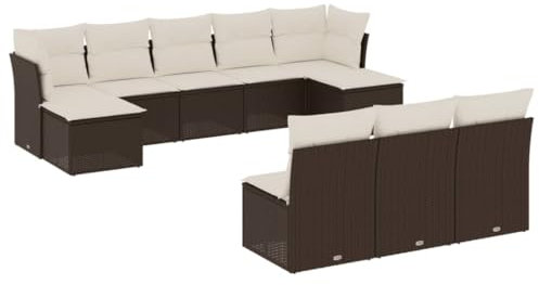vidaXL Garten Sofa Garnitur 10-TLG., Gartenmöbel Set mit Kissen, Sitzgruppe für Garten Terrasse, Modular Gartensofa Lounge Hocker, Braun Poly Rattan