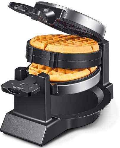 Classico per waffle, doppio waffle belga a 180 ° Flip, 1400 W, 8 fette, piastre girevoli e antiaderenti con vassoio antigoccia rimovibile, manici freschi, acciaio inossidabile (8 fette)