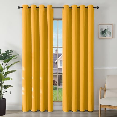 Joydeco Blickdichte Vorhänge mit Ösen Gardinen 2er Set, Verdunkelungsvorhang Thermovorhang Hitzeschutz, Ösenvorhang für Schlafzimmer Wohnzimmer (2xH200xB140,Zitrone)