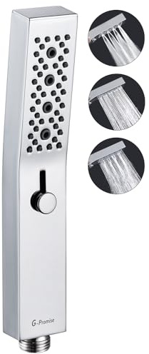 G-Promise All Metal Square 3 Function Handheld Shower Head, Easy and Quick Switch to Massage Mode, Bathroom Shower Wand Design Exquisite Luxury, 2.5 GPM, Chrome