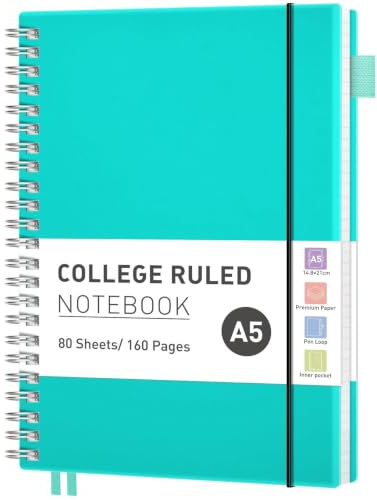 RETTACY A5 Spiral Notebook, Lined Journal, Notepad, 160 Pages, Turquoise | Flexible Plastic Cover Note Book, 100 GSM College Ruled Paper, with Pocket, Pen Loop, Ruler & Bookmark - 14.5 × 20.7 cm