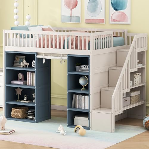 Loft Bed Full Size with Stairs & Ample Storage Space & 15 H Guardrails & Curtain,Wooden Loft Bed Frame with 2 Four-layer Storage Cabinets and Under-Bed Play Area for Kids Teens Boys Girls,White Blue