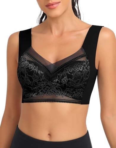 SERSARY mjuk bh spets dam utan bygel bustier vadderad dam avlastande minimizer t-shirt bh komfort sömn pull on bh ventilerande mjuka skal breda remmar, svart, M