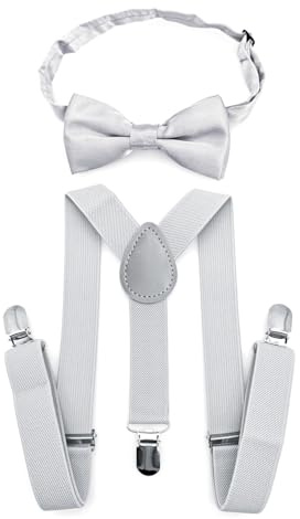 JZK Light grey kids bow tie and braces set for boys under 135cm, adjustable clip-on Y-shape suspenders with bowtie for little children boys girls for wedding, party, fancy dress