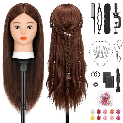 TwoWin 26 pouces Tête Mannequin Coiffure 80% Cheveux Naturels, Tête à coiffer avec Support de pince de Table + Kit Tressage - Idéal pour Salon, École et Pratique Maison (Marron Foncé)