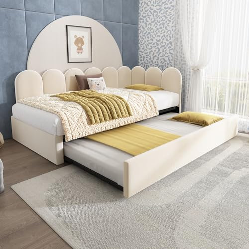 Kebnor Cama acolchada de día 90 x 200 cm, sofá cama con cama nido de 90 x 190 cm, cama infantil con somier, terciopelo (sin colchón) (beige)