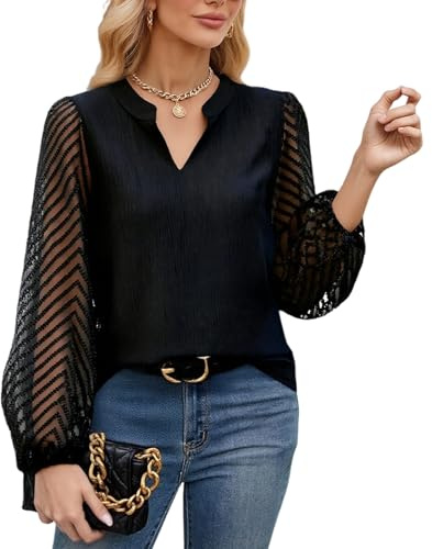 viiotu Camicetta Donna Elegante in Chiffon, Camicia a Manica Lunga con Scollo a V e Pizzo - Blusa o Top Chic per Cerimonia, Lavoro e Tempo Libero (IT, Testo, M, Regular, Regular, Nero)