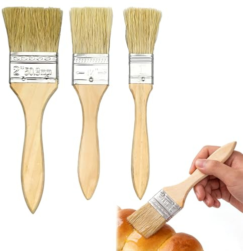 Set de 3 pinceles de repostería para cocina, cepillos de cerdo natural de diferentes tamaños, aptos para mantequilla, aceite, salsas y pastelería, resistentes al calor y fáciles de limpiar, con m